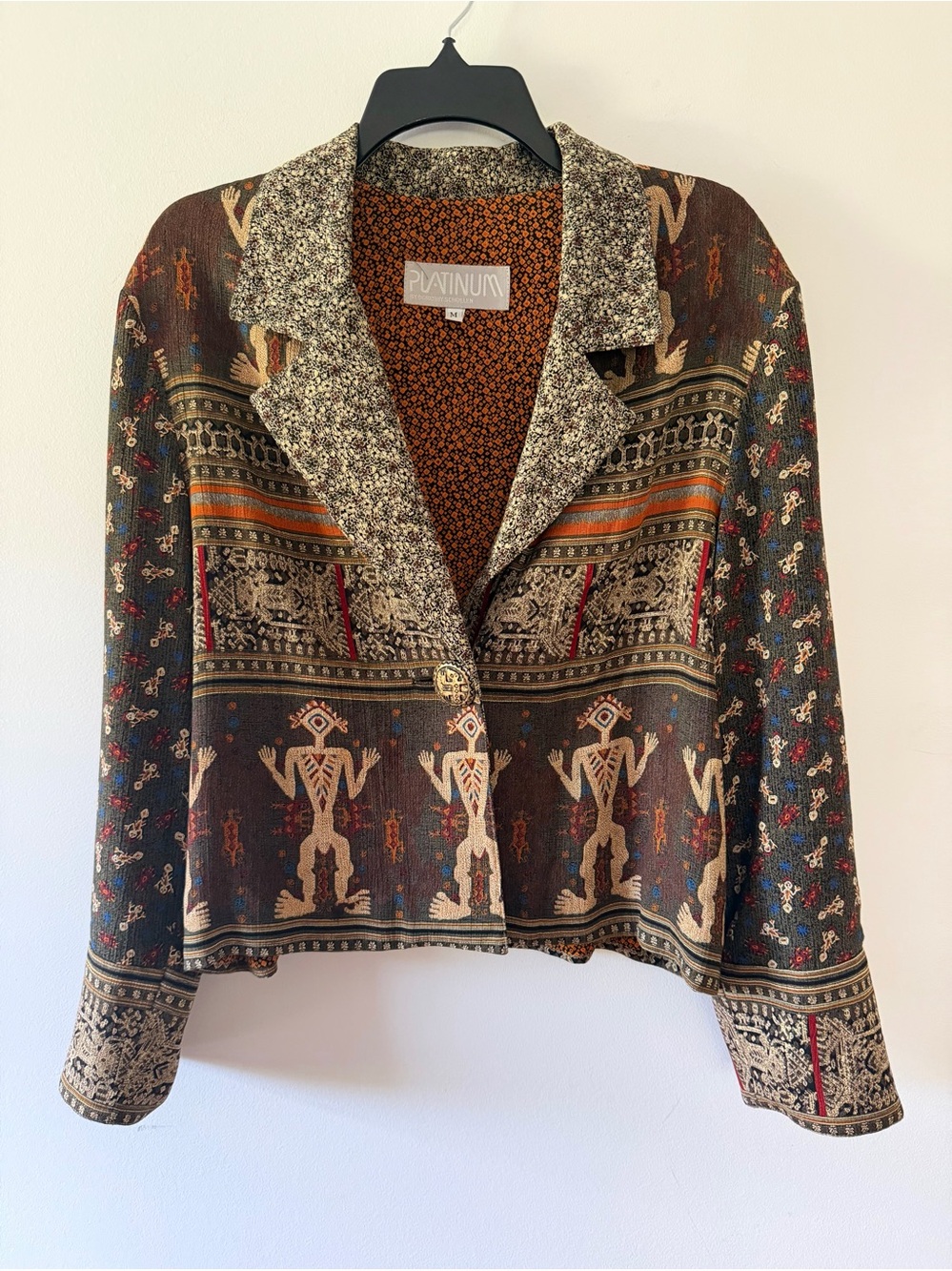 Vtg 90s Platinum by Dorothy Schoelen Tribal Tapestry Blazer 
Made in USA 
Sz M